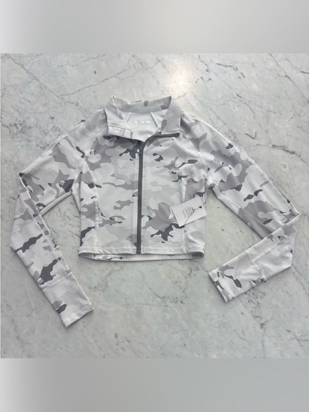 Fashion Nova Gray & White Camo Zip-Up Cropped Hoodie